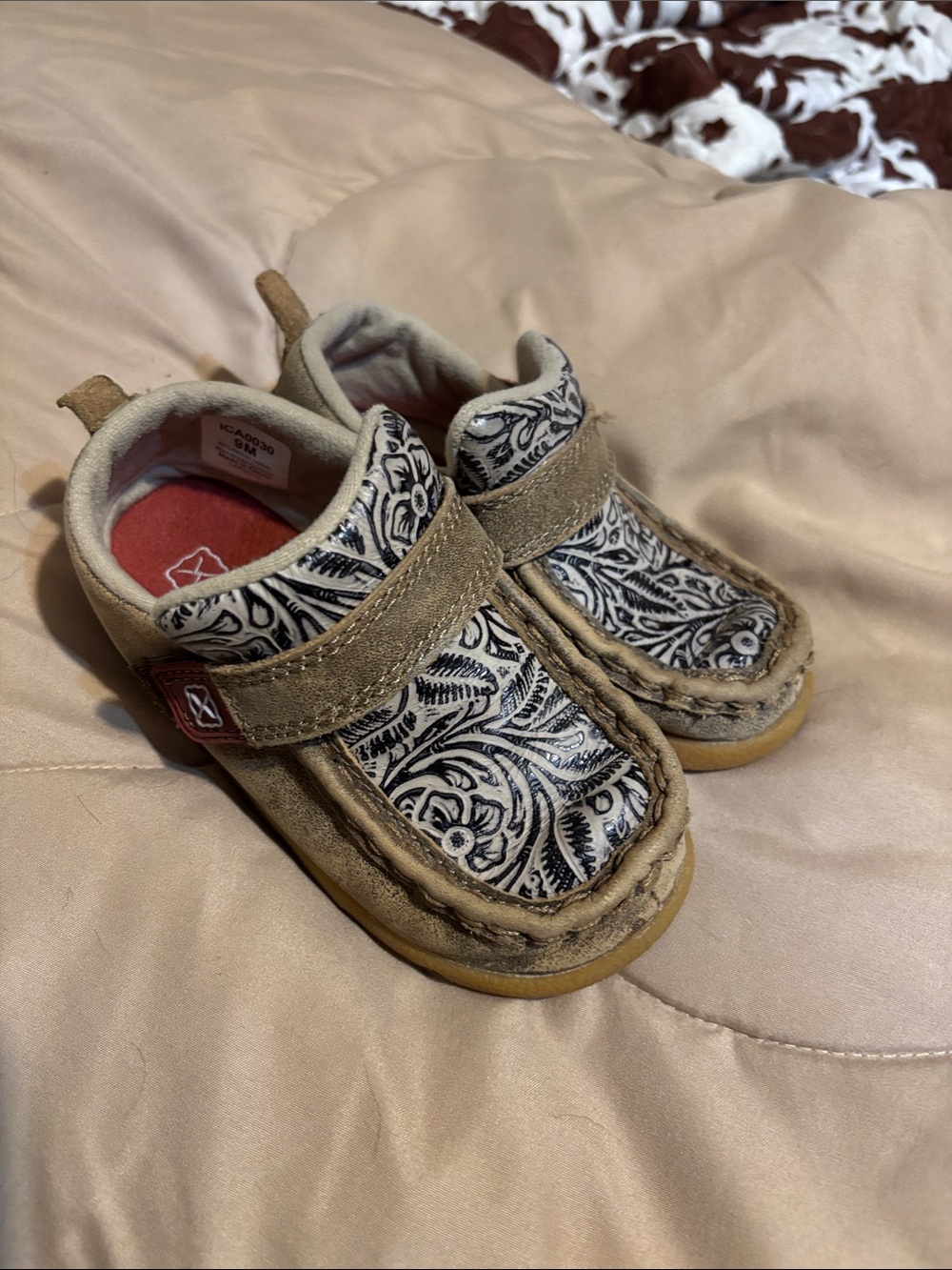 Twisted X Kids Tan Suede Moccasins with Black & White Pattern